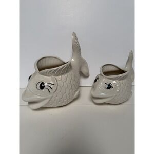 Vintage Ceramic White Fish Planter Pair Graduated Sizes MCM Koi Anthropomorphic